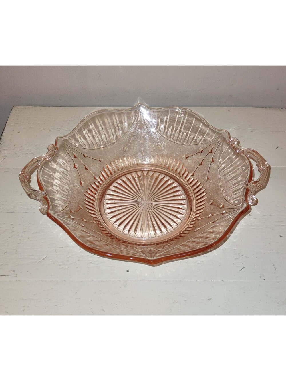 Lancaster Glass Dart Pink Depression Glass Handled 11" Serving Bowl